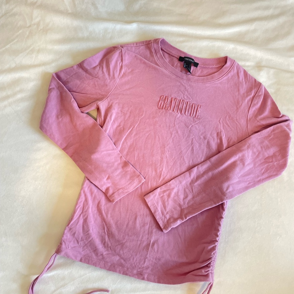 Pink Long Sleeve Top with 'Gratitude' Embroidery